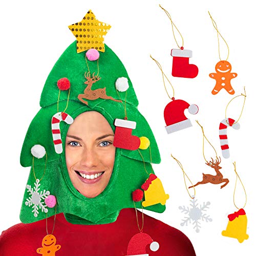 DomeStar Christmas Tree Hat with 7PCS Ornaments, Funny Christmas Hat, Novelty Santa Hat Crazy Hats Christmas Party Hat Dress Up Celebrations
