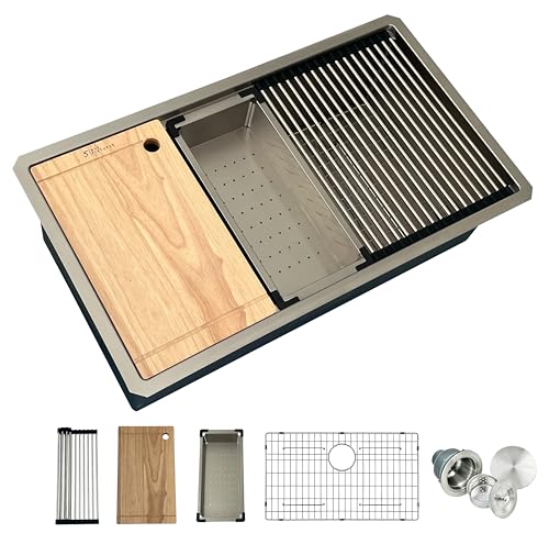 33'x19'x10' High-end 33 inch Workstation Undermount Stainless Steel Kitchen Sink with Full Accessory Set. XL Single Bowl Deep Basin, Real 16 Gauge Thick, Ultra Long Lasting.