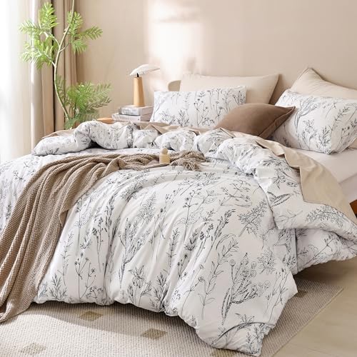 JANZAA White Duvet Cover Queen 3 Pieces Floral Duvet Cover with Black Botanical Patterns Soft Microfiber Bedding Set with Zipper Closure 4 Ties (2 Pillow Cases)