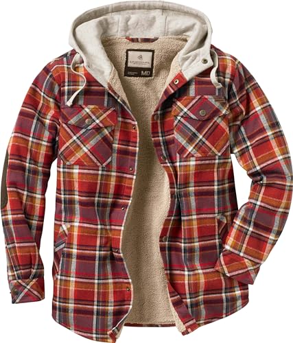 Legendary Whitetails Men's Standard Camp Night Berber Lined Hooded Flannel Shirt Jacket, Cardinal Arrowood Plaid, Large