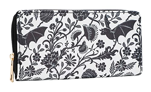 Wytidian Skull Wallets for Women, Zip Around Goth Wallet Large Capacity Phone Case Long Purse Credit Card Clutch for Women Ladies Girls (Goth Bat)