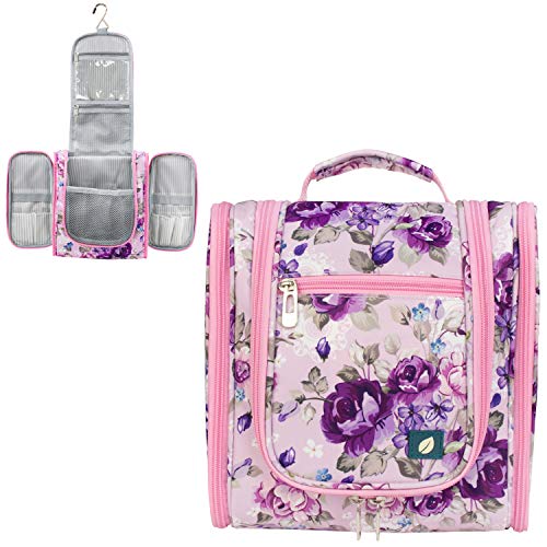 PAVILIA Toiletry Bag Travel Bag for Women Men, Hanging Cosmetic Organizer, Water Resistant Makeup Bag for Accessories Toiletries, Large Travel Essentials Kit (Floral Pink)