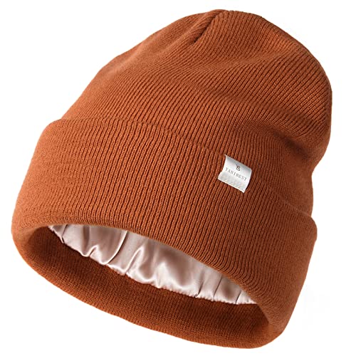 YANIBEST Womens Saitn Lined Knit Beanie Hat Acrylic Winter Hats for Women Men Silk Lining Soft Slouchy Warm Cuffed Beanie Hat Orange