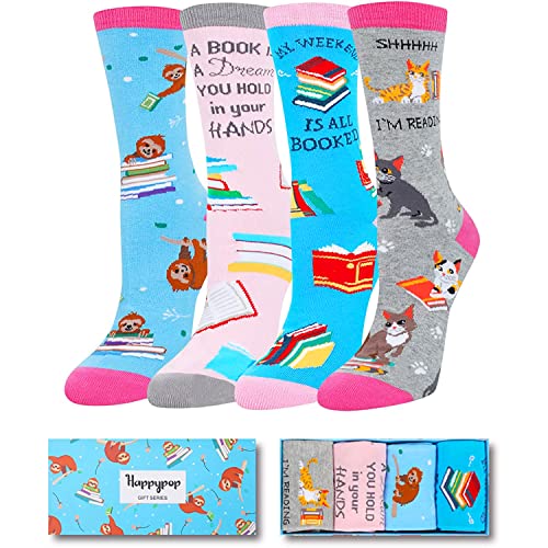 HAPPYPOP Funny Socks Crazy Socks Cool Socks Silly Socks for Women Teen Girls, Book Lovers Gifts for Students Book Gifts Reading Gifts, Book Socks