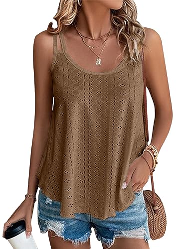 BLENCOT Womens Tank Tops Eyelet Embroidery Casual Spaghetti Strap Dressy Sleeveless Shirts Crochet Flowy Camisoles M Chestnut