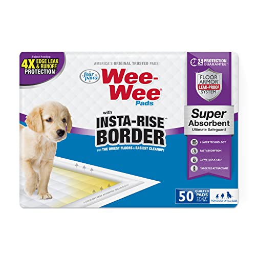 Four Paws Wee-Wee Super Absorbent Dog Pads with Insta-Rise Border - Dog & Puppy Pads for Potty Training - Dog Housebreaking & Puppy Supplies - 22' x 23' (50 Count),White