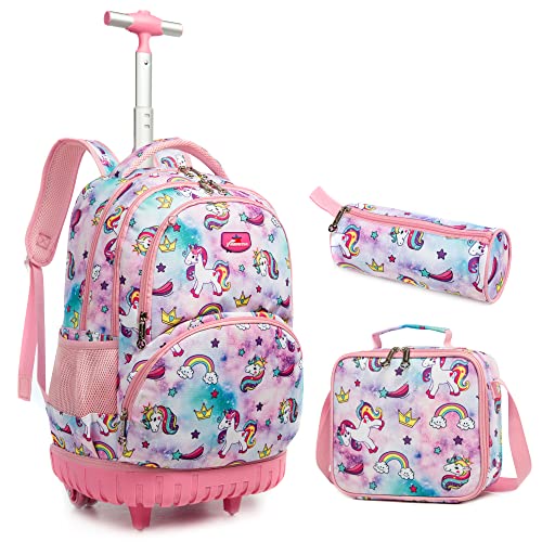 Jasminestar Rolling Backpack 18 inch Wheeled Kids Backpack with Lunch Bag and Pencil Case for Boys and Girls