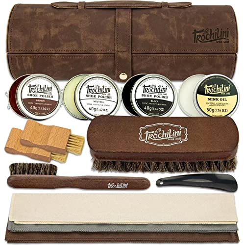 TROCHILINI Shoe Shine Kit - 12PC Set w/Leather Shoe Polish Kit, Mink Oil, Brushes and More for Gentle Care and Cleaning
