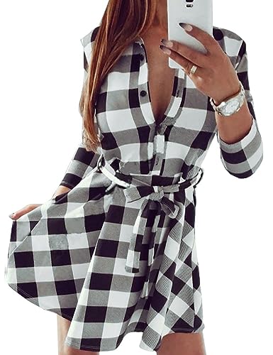 FANCYINN Womens Plaid Dresses Long Sleeve Button Down Flannel Pattern V Neck Casual Tunic Dress with Pockets White M