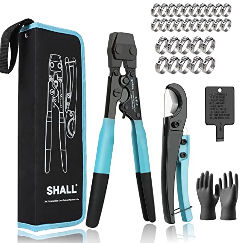 SHALL Pex Crimping Clamp Cinch Tool and Pipe Hose Cutter, Pipe Fitting Crimper Tool Kit Meets ASTM F2098 for 3/8' to 1' Stainless Steel Clamps Including 20pcs 1/2', 10pcs 3/4' Clamps With Storage Bag