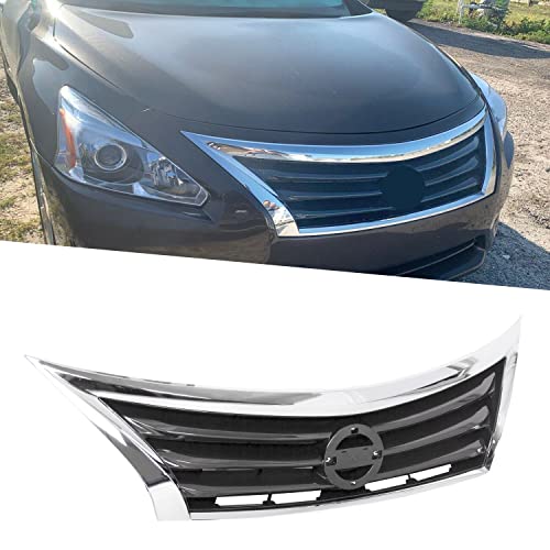Front Bumper Grille Compatible with 2013-2015 Nissan Altima Replacement for 623103TA0A / NI1200250 Chrome Shell Black Insert Sedan Upper Grill Assembly