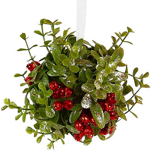 Ornativity Mistletoe Glitter Hanging Ornament - Christmas Mistletoe Kissing Ball with Red Berries Holiday Kiss Xmas Decoration for Doorway Arch Light Fixture 5'