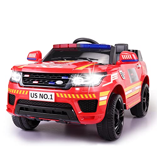 TOBBI 12V Fire Truck Ride on Battery Powered Electric Kids Car with Parental Remote Control, Siren, Flashing Lights, Music, Spring Suspension