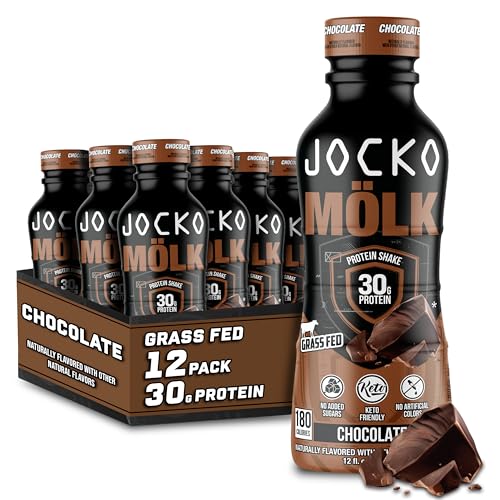 Jocko Mölk Protein Shakes – Naturally Flavored Protein Drinks, KETO Friendly, No Added Sugar, 30g Grass Fed Protein - Ready to Drink, 12 FL Oz, 12pk, Liquid (Chocolate)
