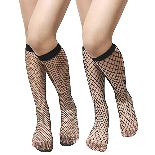 Anlaey Women's Knee High Fishnet Socks Mesh Net Trouser Socks Lolita Lace Fishnets Tights Cosplay Costumes Stockings 2 Pairs