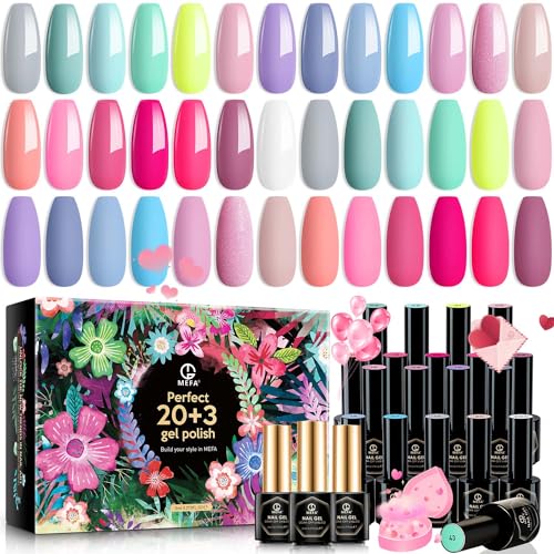 MEFA Spring Gel Nail Polish Set 23 Pcs, 20 Colors Pastel Hot Pink Sage Green Blue Bright Colors Nail Gel Kit with Glossy&Matte Top Base Coat Starters Nails Art Manicure Home Gifts Decoration