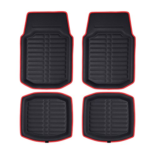 FH Group Automotive Floor Mats - PU Leather Floor Mats, Deep Dish Design, Floor Mats for Cars, Universal Fit Floor Mats Full Set, Floor Mats For Most Sedan, SUV, Truck Floor Mats Red Black