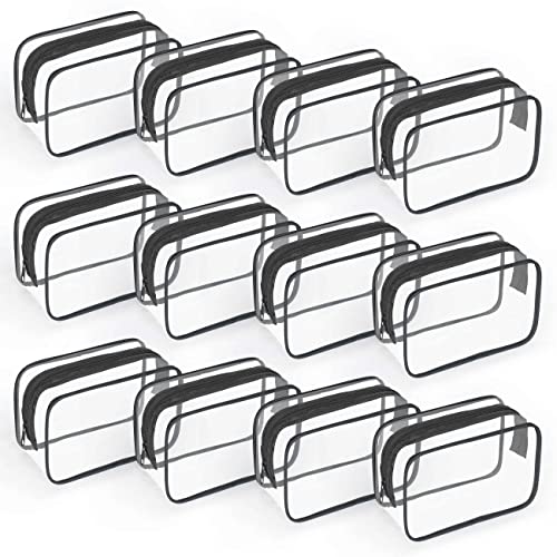 TISRATOK 12 PCS Clear Toiletry Bag for Women Men, Transparent Cosmetic Bag for Travel Makeup Organizer TSA Approved Pouch - Black,Small