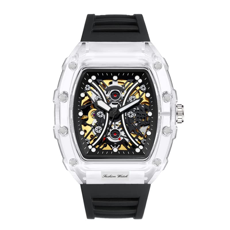 ShShi Fashion Barrel Shaped Fully Automatic Mechanical Watch with Transparent Bezel, Openwork dial, Waterproof Luminous (Black-Half Moon Pattern)