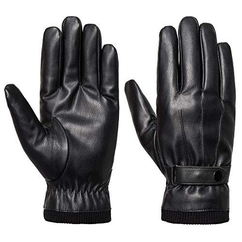 SANKUU Winter Leather Gloves for Men, Touchscreen Snap Closure Cycling Black Gloves Outdoor Riding Warm Waterproof Gloves