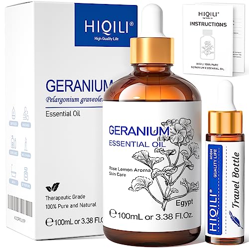 HIQILI Geranium Essential Oil, 100% Pure & Natural for Aromatherapy, Diffuser, Spray, Body Wash, Soap & Candle Making - 3.38 Fl Oz