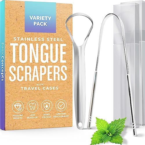 BASIC CONCEPTS Tongue Scraper for Adults (2 Pack Variety + 2 Cases), Tongue Cleaner for Adults, Reduce Bad Breath, Stainless Steel Tongue Cleaners, Metal Tounge Scrappers, Tongue Scrubber for Adults