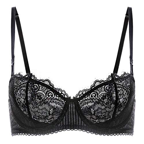 DOBREVA Women's Sexy Lace Push Up Plus Size Bra Sheer Balconette Underwire Unlined Black_Eyelash lace 36DD