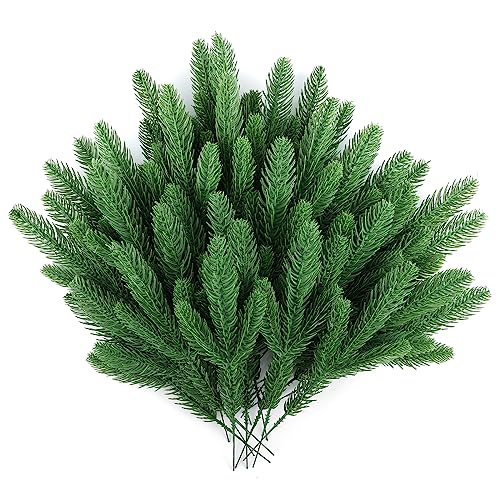 Hananona 50 Pcs Artificial Pine Branches Christmas Greenery Plants Pine Needles DIY Cedar Picks and Sprays Accessories for Christmas Garland Wreath Craft and Home Decor (50, Green)