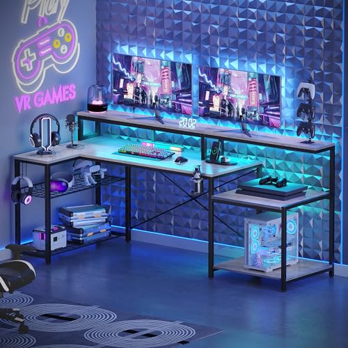 Bestier 71.5 inch Computer Desk with Power Outlets, LED Home Office Desk with Long Monitor Stand, Large Corner Desk with Storage Shelf, Cup Holder & Headset Hooks L Shaped Desk