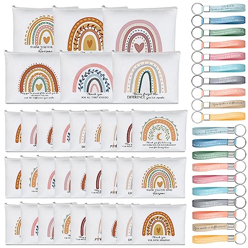 Hillban 60 Pcs Employee Appreciation Gifts Set Inspirational Canvas Makeup Bag Thank You Keychains Rainbow Cosmetic Bags Gifts for Women Coworkers Assistant Teacher Nurse Office Business Favors