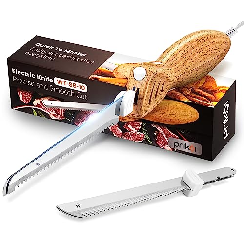 Prikoi Electric Knife - Easy-Slice Serrated Edge Blades for Carving Meat, Bread, Turkey, Ribs, Fillet, DIY, Ergonomic Handle + 2 Blades for Raw & Cooked Food(Faux Wood)