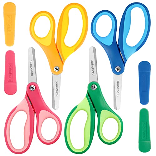 Huhuhero Kids Scissors 5'' Small Safety Scissors with Cover, 4 Pack Student Scissors Classroom Bulk, Comfort Grip Scrapbooking Scissors for Children Crafting, Craft Art Supplies Assorted Colors