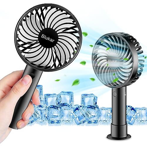 Blukar Mini Handheld Fan, Portable USB Rechargeable Fans with Desk Base& 3 Speeds, 4 Fan Blade Powerful Wind Design Electric Powered Personal Mini Fan Desk Desktop Fans for Home Office Travel - Black