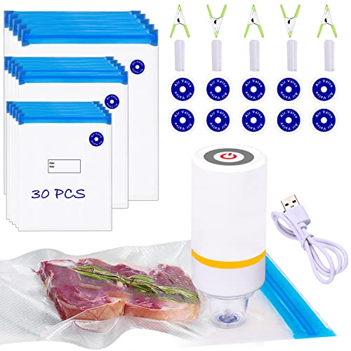 Sous Vide Bags, 42 PCS Electric Food Vacuum Sealer Set for Anova, Joule Cookers -30 PCS Reusable Storage Sealer Bags,5 Clips & 5 Sealing Clips, Rechargeable