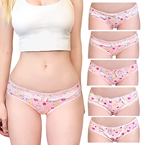 Littleforbig Women's Ladies Soft Cotton Underwear Comfortable Hipster Briefs 5 Pack Panties Set - Usagi Pattern S Pink