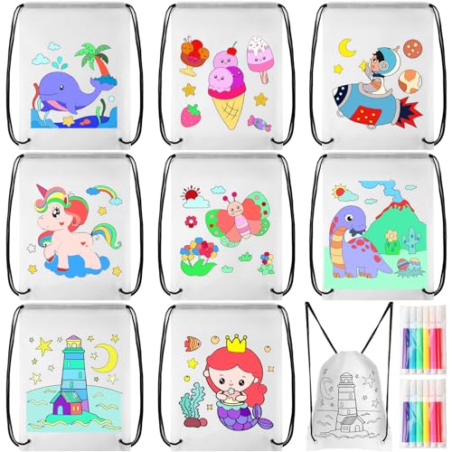 Aliceset 16 Pcs Pre Printed DIY Drawstring Bag packs and Watercolor Paint Sets Pre Drawn Outline Drawstring Bag packs Drawstring Backpack Bulk for Kids For Christmas Birthday (Easy Version)