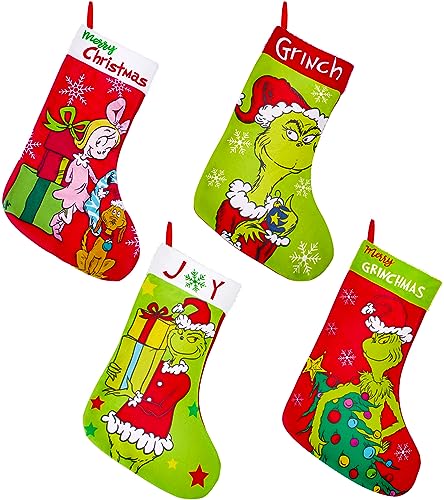 GYGOT 4 Pack Grinchs Stocking,18 Inch Large Grinchs Christmas Stockings Whoville Decorations for Family Holiday Party Decor