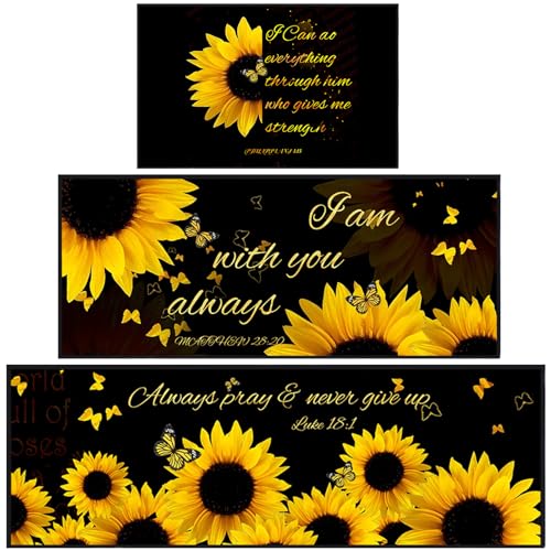 Tinideya 3 Pcs Sunflower Christian Kitchen Rug Sets Sunflower Kitchen Decor Rug with Runner Rugs and Mats Non Slip Washable Farmhouse Kitchen Accessories Decor Indoor Floor Mat