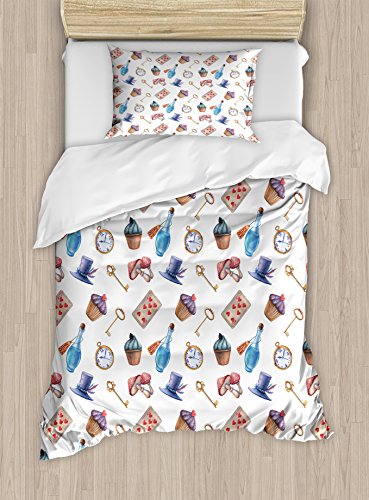 Ambesonne Alice in Wonderland Duvet Cover Set, Cupcakes Mushrooms and Bottles Hanging in Sky Dessert Print, Decorative 2 Piece Bedding Set with 1 Pillow Sham, Twin Size, Blue White