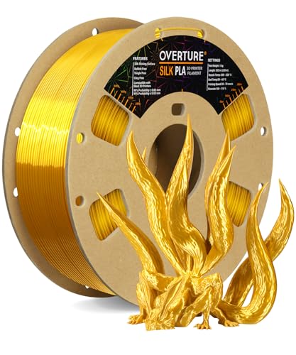 OVERTURE Silk Filament PLA 1.75mm Clog-Free Shiny 3D Printer Filament, 1kg Spool (2.2lbs), Dimensional Accuracy +/- 0.02 mm, Fit Most FDM Printer(Silk Gold)