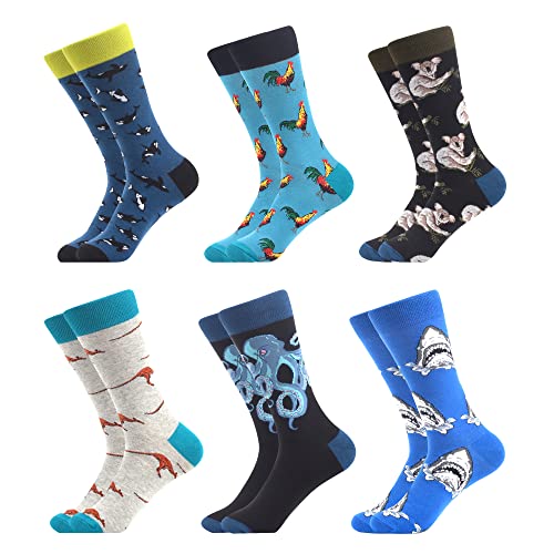 WeciBor Men's Colorful Novelty Animal Patterned Casual Crew Socks - 6 Pack - Size 10-13