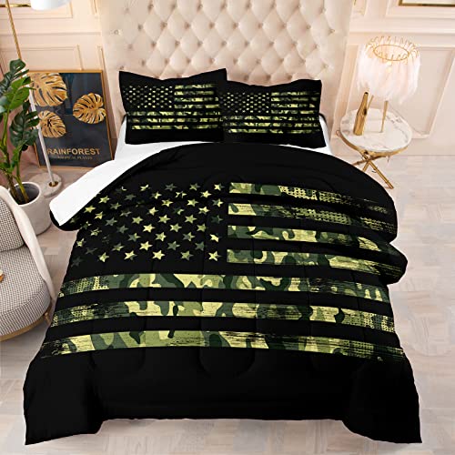 NINENINE American Flag Bedding Set Camo Comforter Queen Size,Teen Bedding Sets for Boys Kids Teens,Army Green Dirty Stars Stripes Flags Bedding Quilt with 1 Comforter 2 Pillowcases