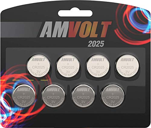 AmVolt- Pack of 8 CR2025 Batteries, 220mAh 3 Volt Lithium Battery, Long Lasting Coin Cell 2030 Batteries for Small Electronic Devices