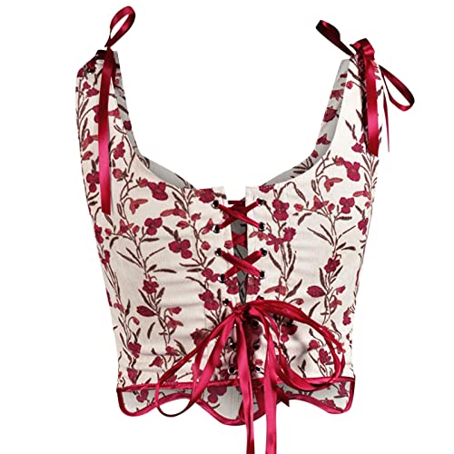 ZCVBOCZ Womens Sexy Bustier Corset Top Court Vintage Floral Print Vest Y2k Eyelet Lace-Up Fishbone Push Up Strap Crop Tops