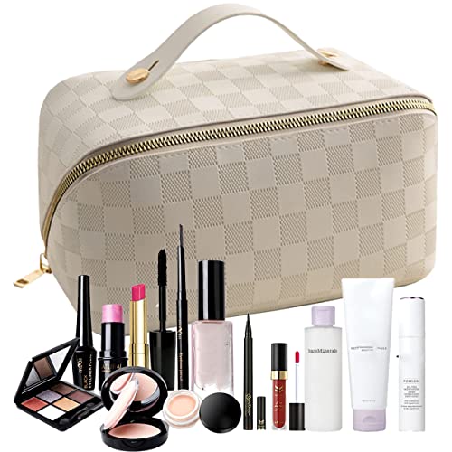 CIREA Brown Large Capacity Travel Cosmetic Bag Plaid Checkered Makeup Bag PU Leather Waterproof Skincare Bag with Handle and Divider (Classic White)