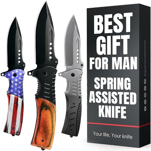Spring Assisted Knife - 3.66' Sharp Blade - Tactical Pocket Knife for Men with Wood Handle Glass Breaker & Clip - Best Folding Knives for EDC Camping Survival for Dad Husband - Father Day Gifts 0207