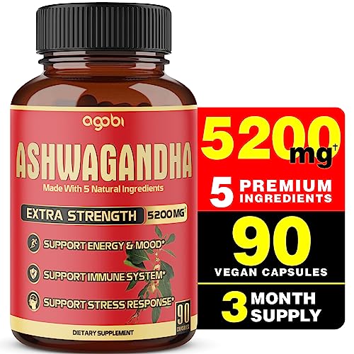 Ashwagandha Capsules, 5in1 Equivalent to 5200mg Powder. Combined with Turmeric, Ginger, Black Pepper and Rhodiola. Mood and Strength Support Supplement - 90 Capsules for 3 Month Supply