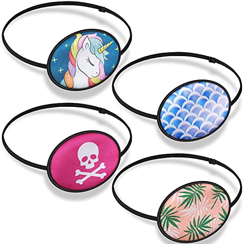 SATINIOR Silk Adjustable Eye Patch 4 Pieces Lazy Eye Patches with Elastic Strap Single Right or Left Pirate Eye Patch for Adults Kids Soft Silky Eyepatch with Unicorn Skull Leaves Wave Pattern