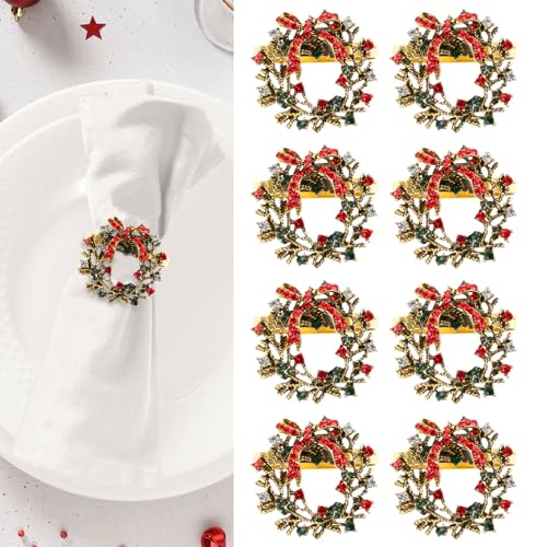 KESOTE Christmas Napkin Rings Set of 8, Holiday Napkin Rings Gold Christmas Wreath Napkin Holder Rings for Christmas Dinning Table Decorations