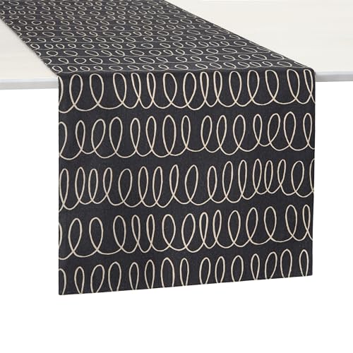 KATE SPADE NEW YORK in The Loop & Joy Dot Reversible Table Runner, 100% Cotton, Machine Washable, Black/Beige, 15'x72'